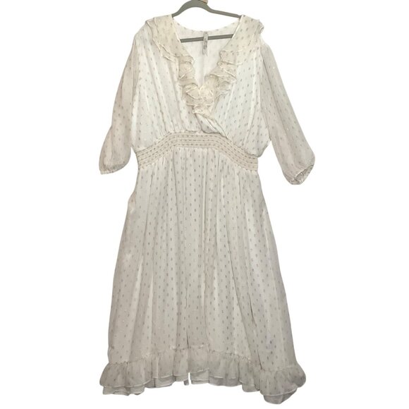 Melissa McCarthy Seven7 White Ruffle Dress Women 3X Gold Polka Dots Flowy - Picture 1 of 9